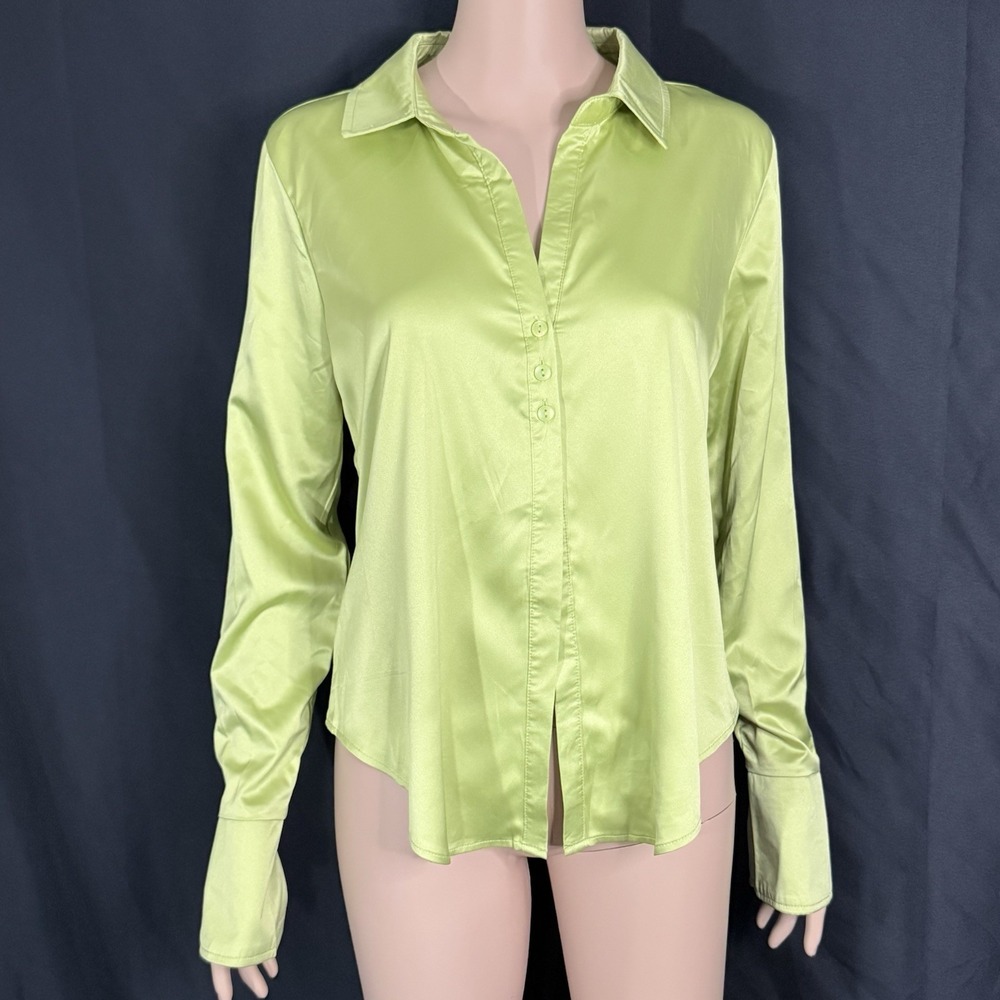 Lime Satin Long-Sleeve Button-Down Shirt Vneck Pointed Collar Flared Cuffs Sz M